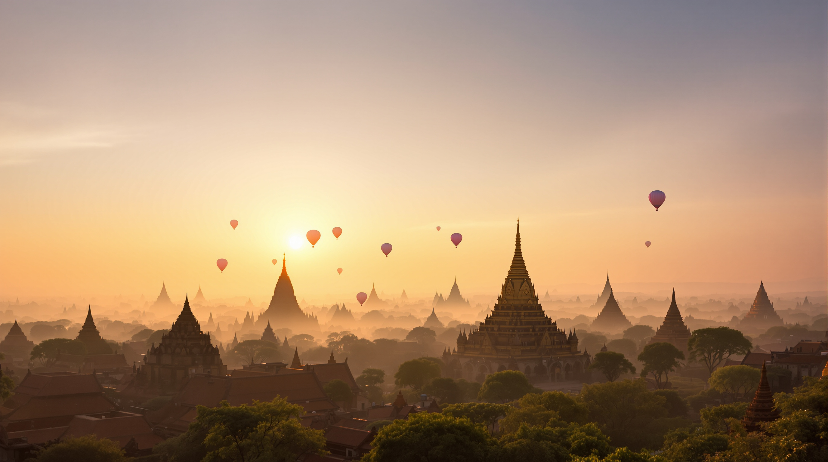 Bagan temples with hot air balloons