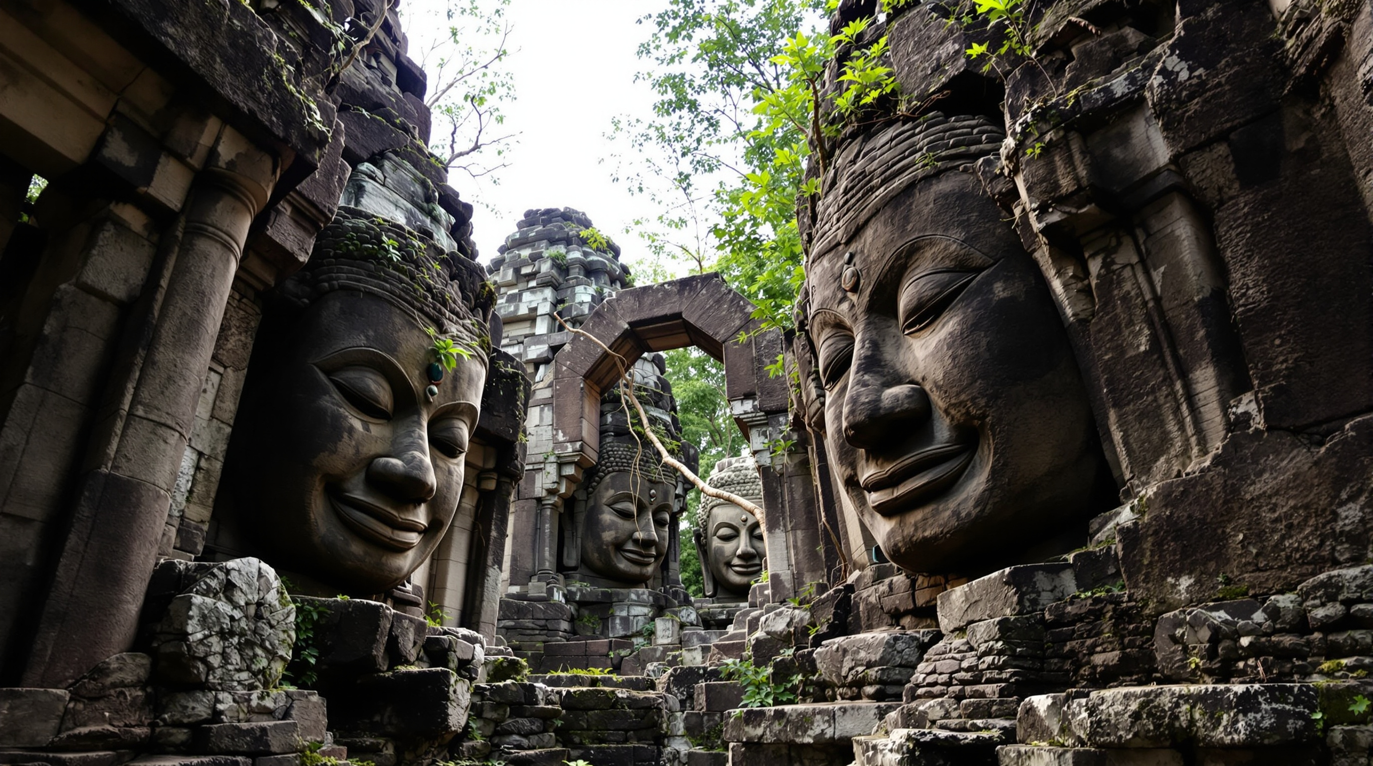 Enigmatic stone faces at Bayon temple in Angkor