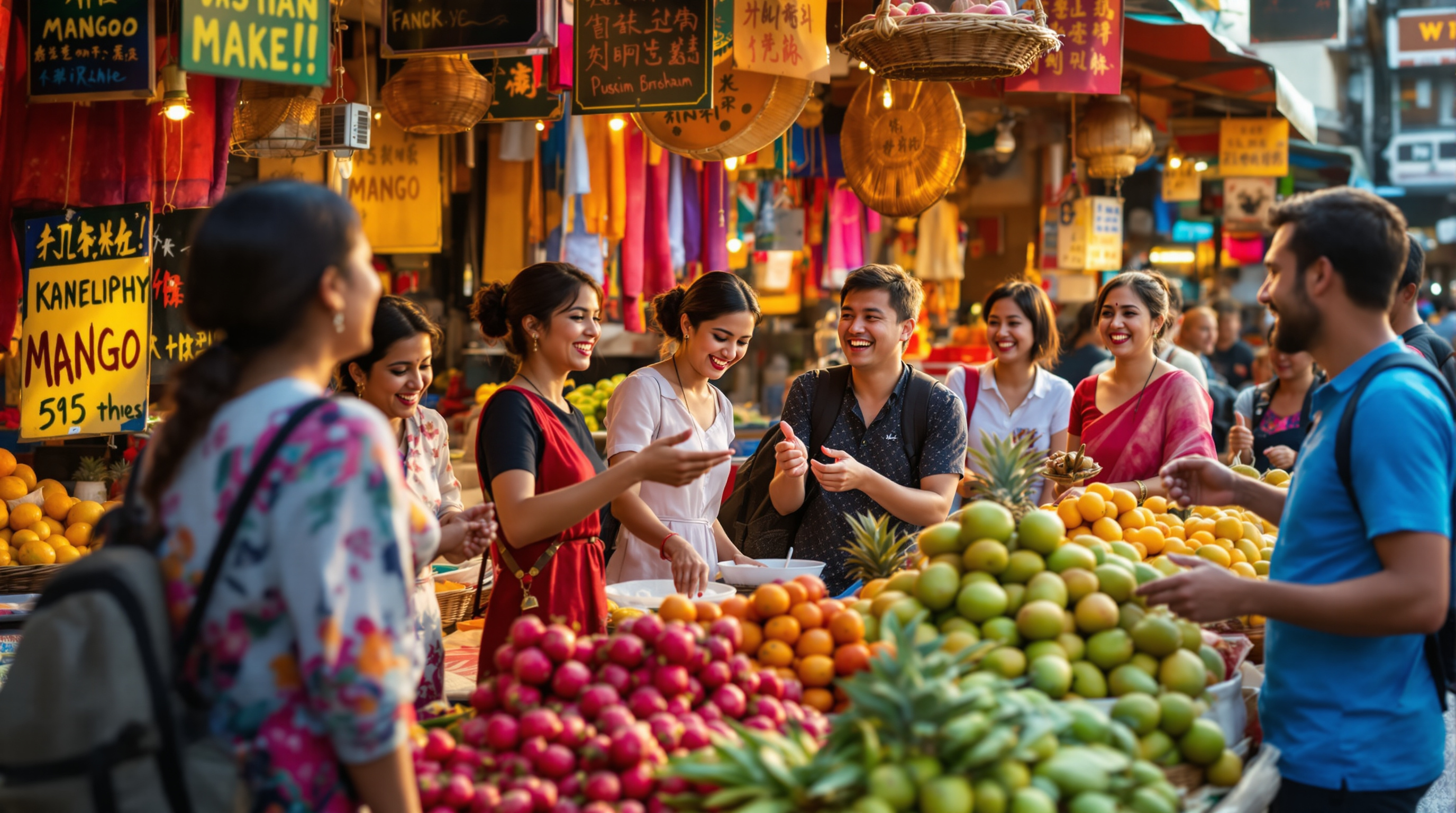 Travelers experiencing Asian street market