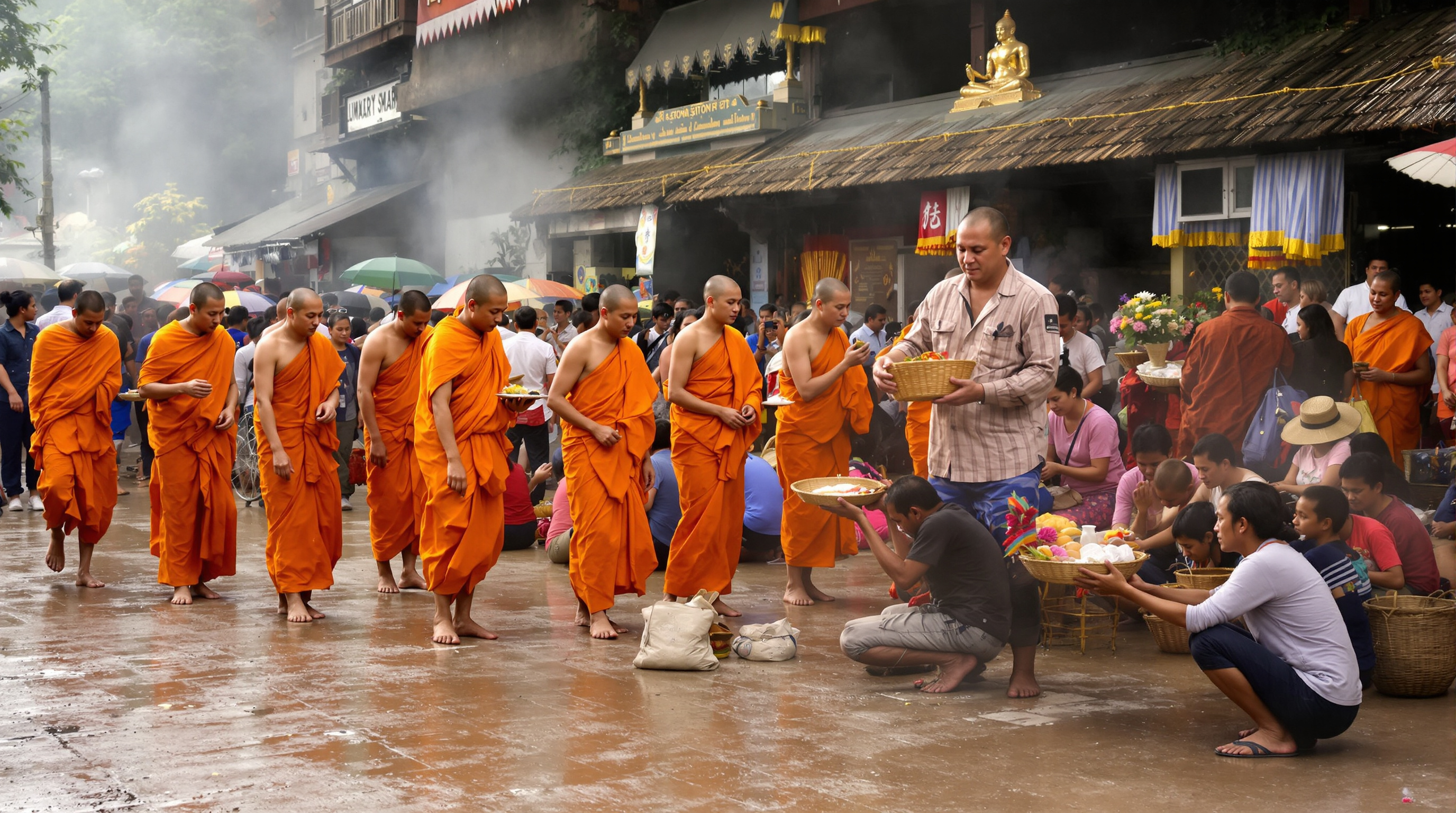 Buddhist monks receiving alms
