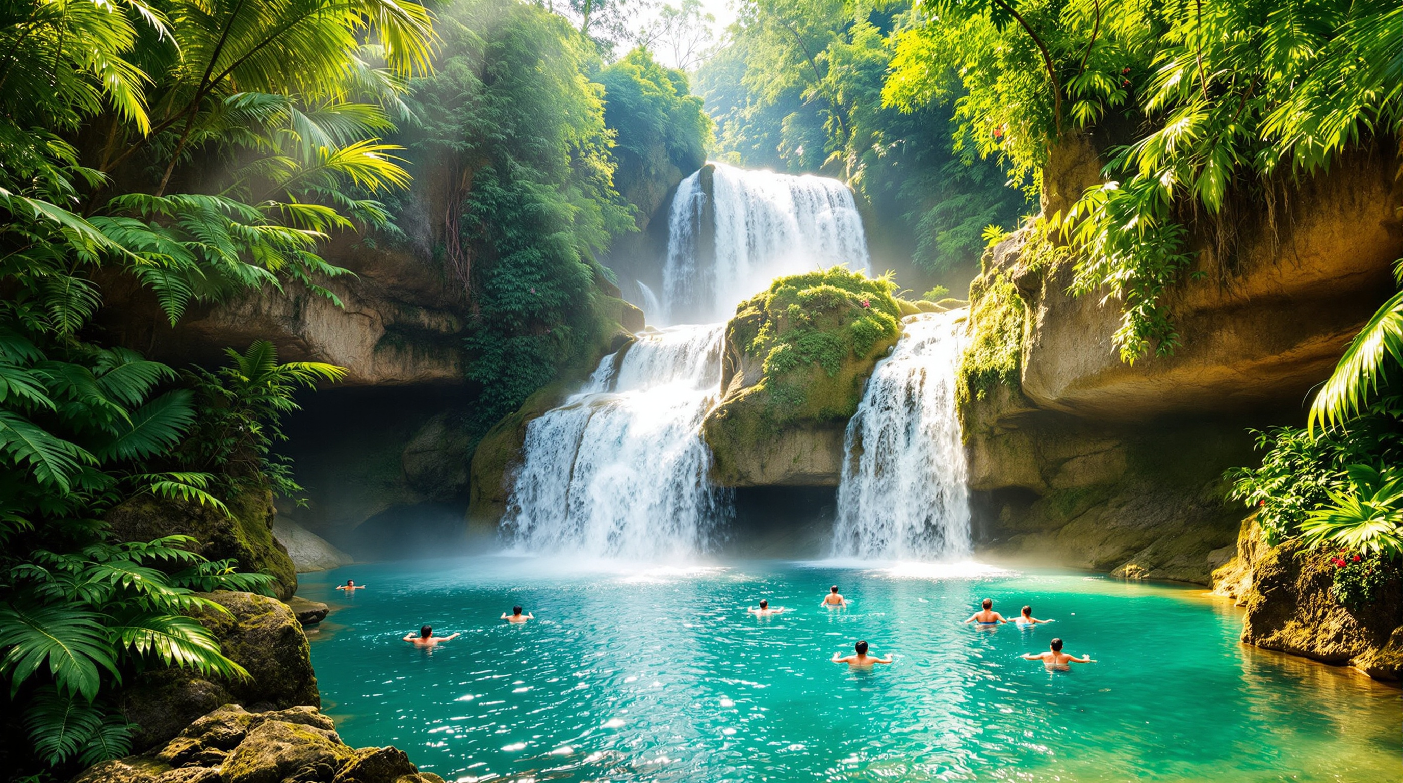 Turquoise waterfall pools in Laos tropical jungle