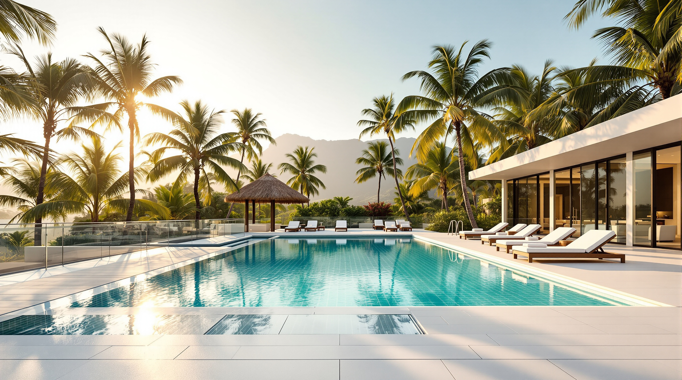 Luxury resort pool area with tropical setting