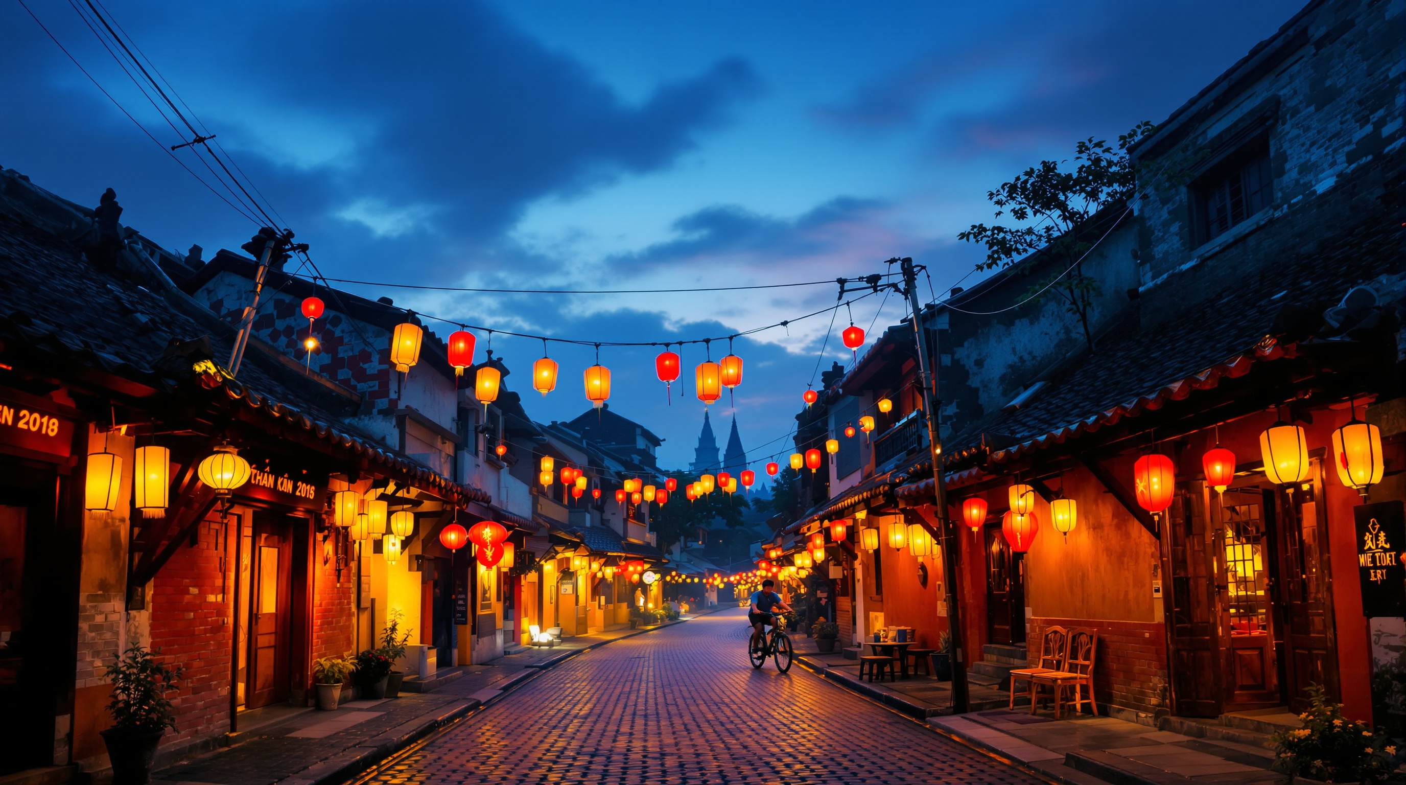 Colorful lanterns lighting up traditional Vietnamese street at night